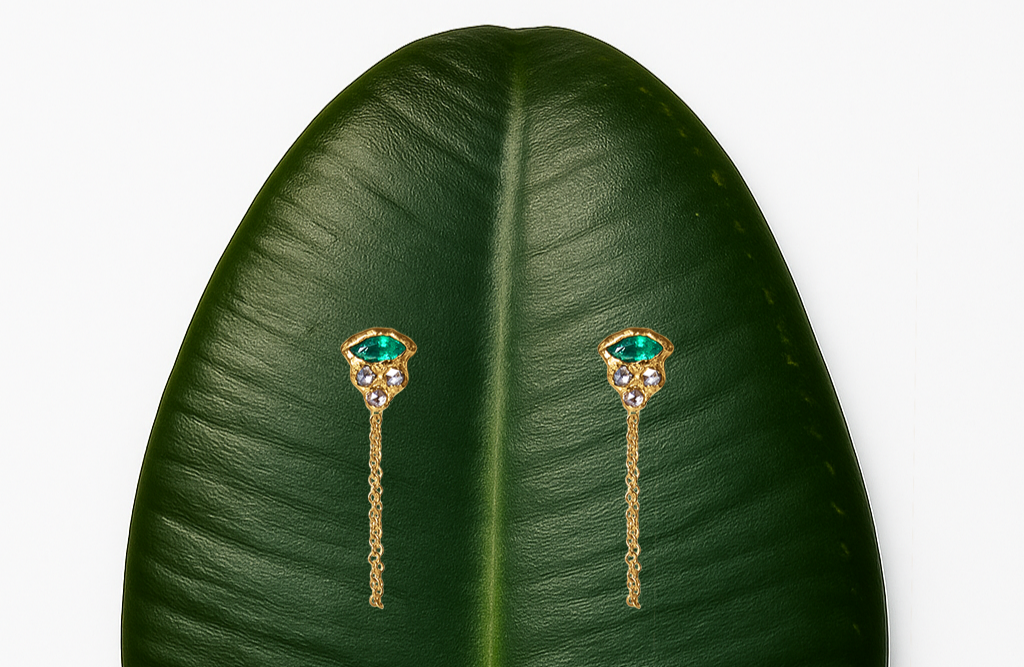 emerald earring, diamond earring, 14k gold jewelry, handmade jewelry, israel jewelry, fine jewelry, ocean inspired jewelry, atman jewellery, lost wax casting