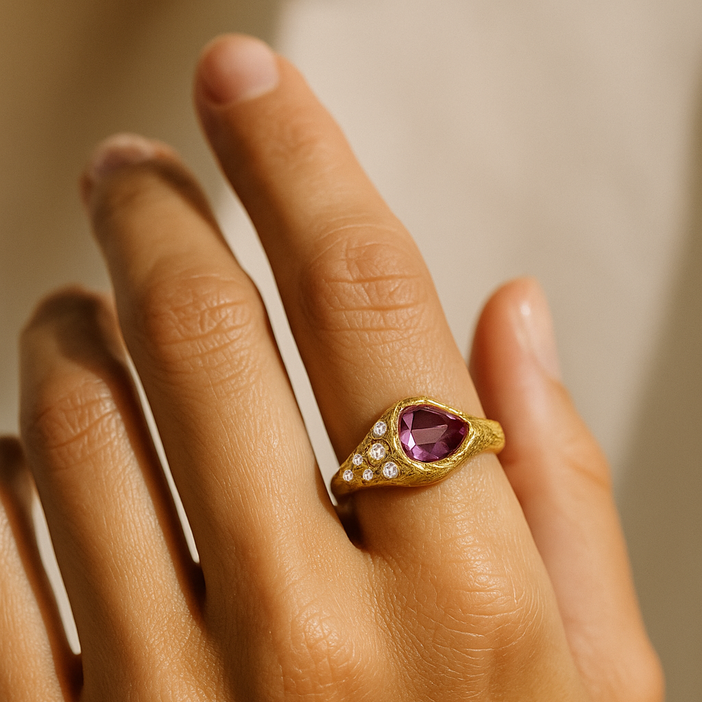 A gold ring featuring a pink drop-shaped tourmaline centerpiece with rose-cut diamond accents.

