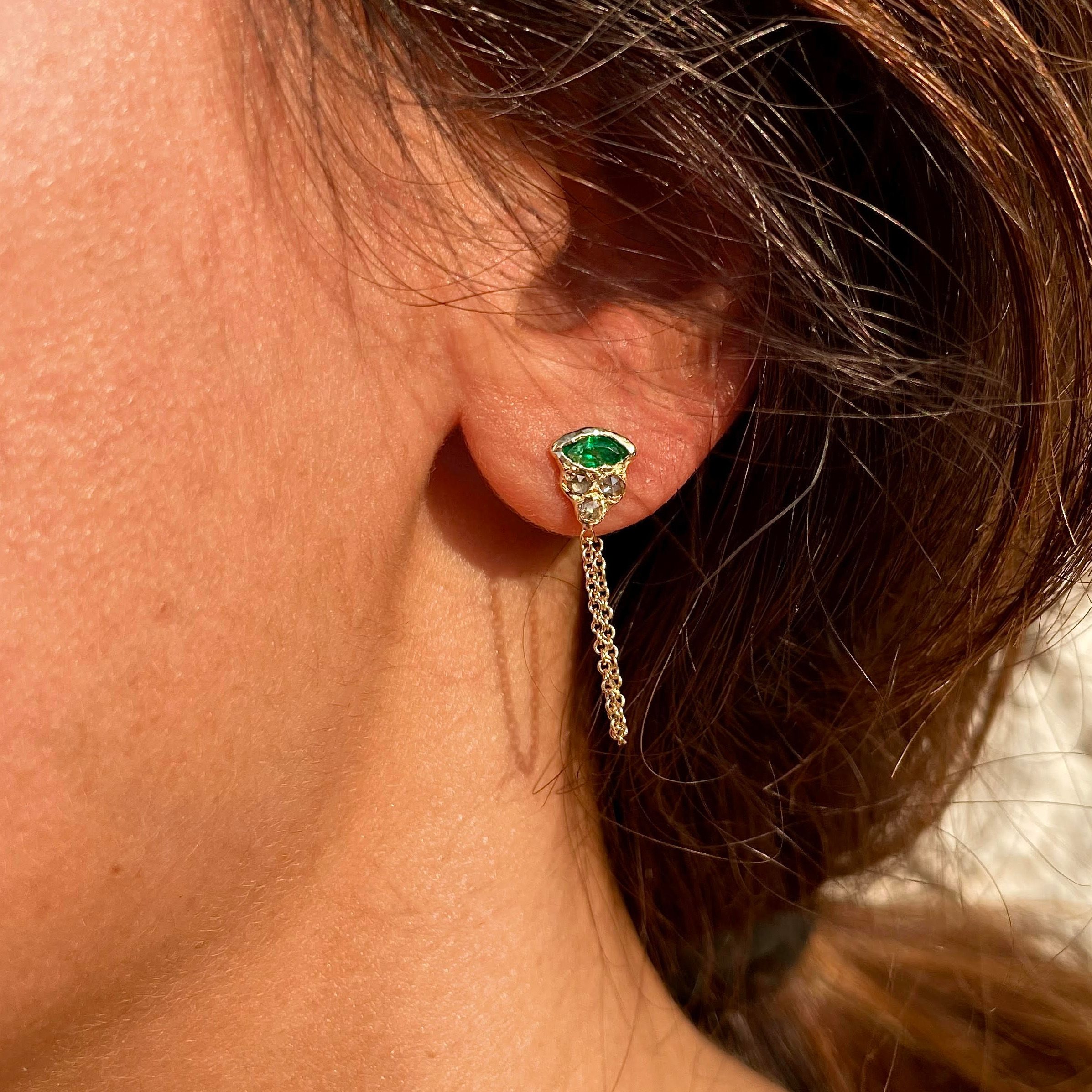 emerald earring, diamond earring, 14k gold jewelry, handmade jewelry, israel jewelry, fine jewelry, ocean inspired jewelry, atman jewellery, lost wax casting