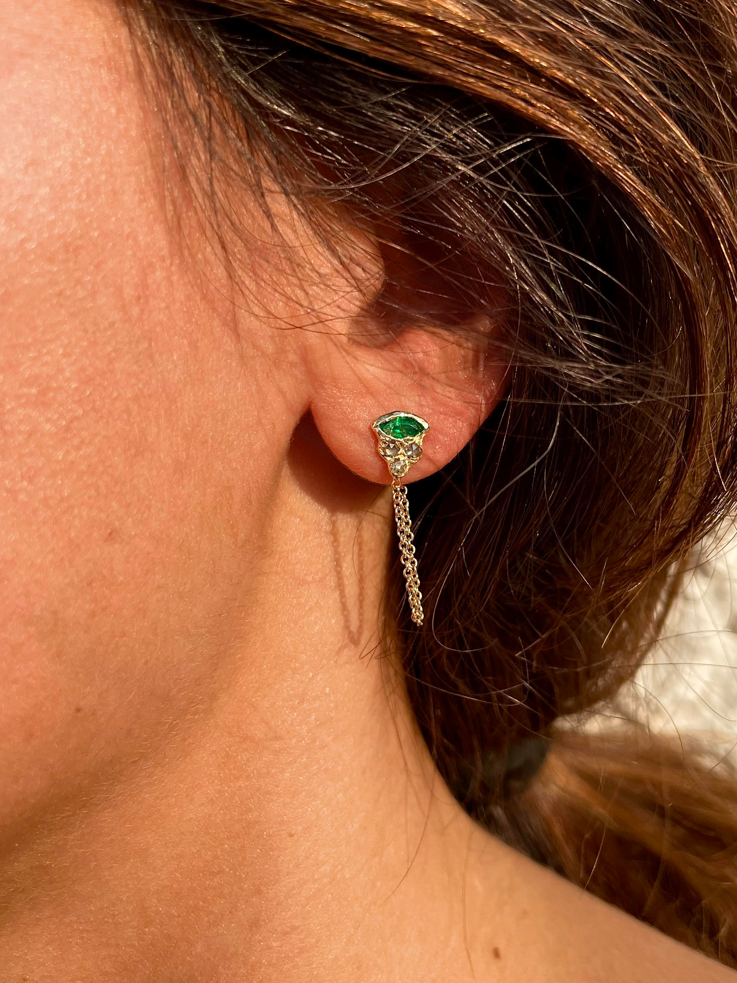 emerald earring, diamond earring, 14k gold jewelry, handmade jewelry, israel jewelry, fine jewelry, ocean inspired jewelry, atman jewellery, lost wax casting